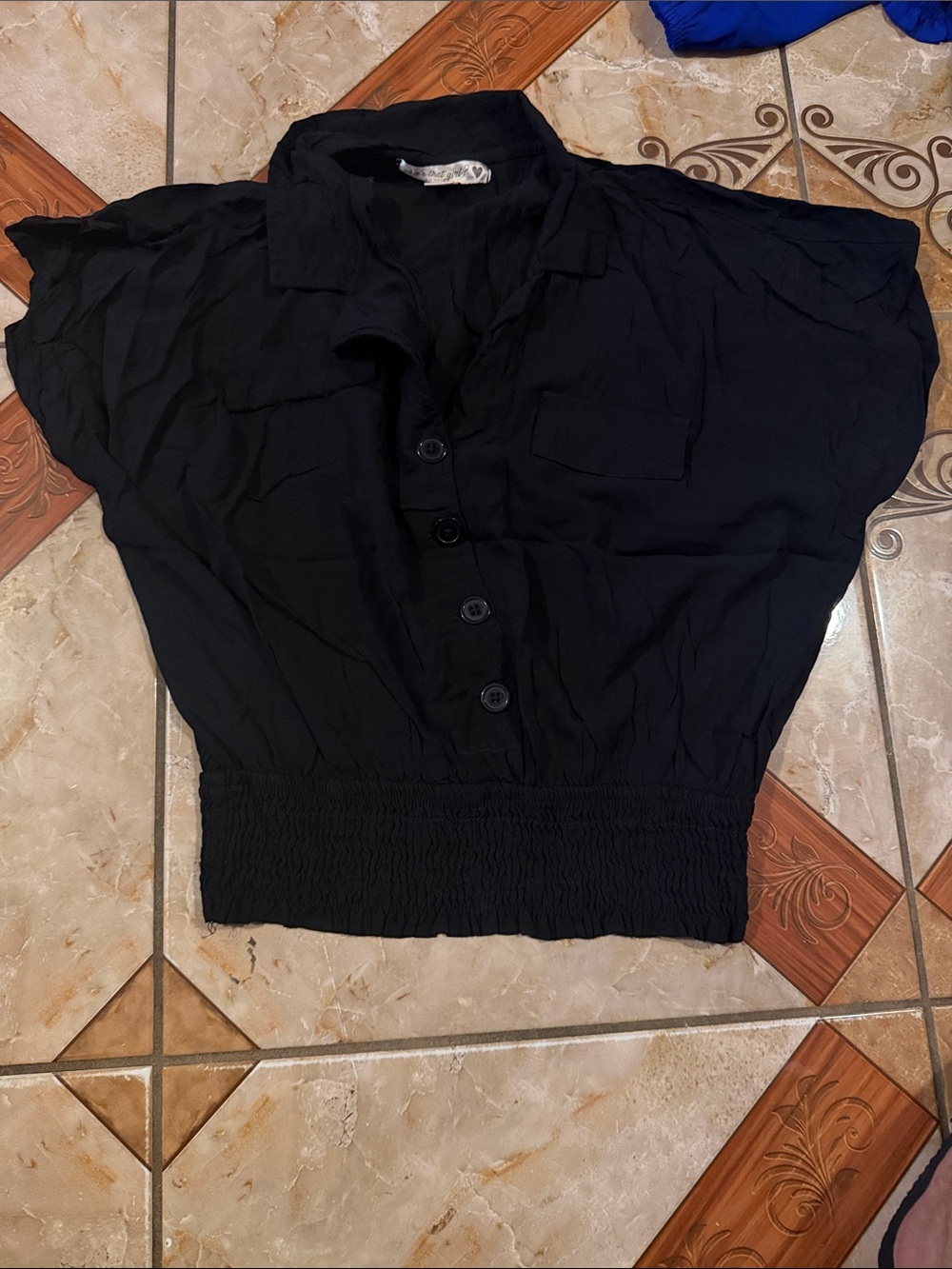 Black Elastic Hem Button-Front Women's Top